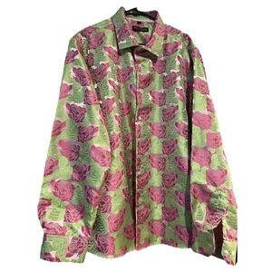 Barry Wang Shirt Men's XL Silk Blend Jacquard Floral Flower Print Long Sleeve